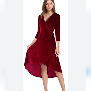 Leadingstar Burgundy Velvet Wrap Dress Side Tie Holiday Dress Size M